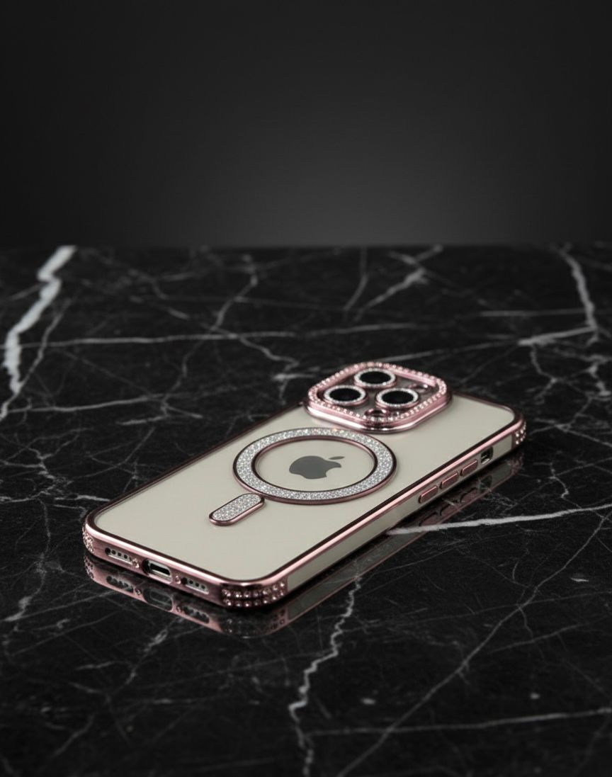 Rose Gold MagSafe Crystal Frame iPhone Case – Luxury Shine