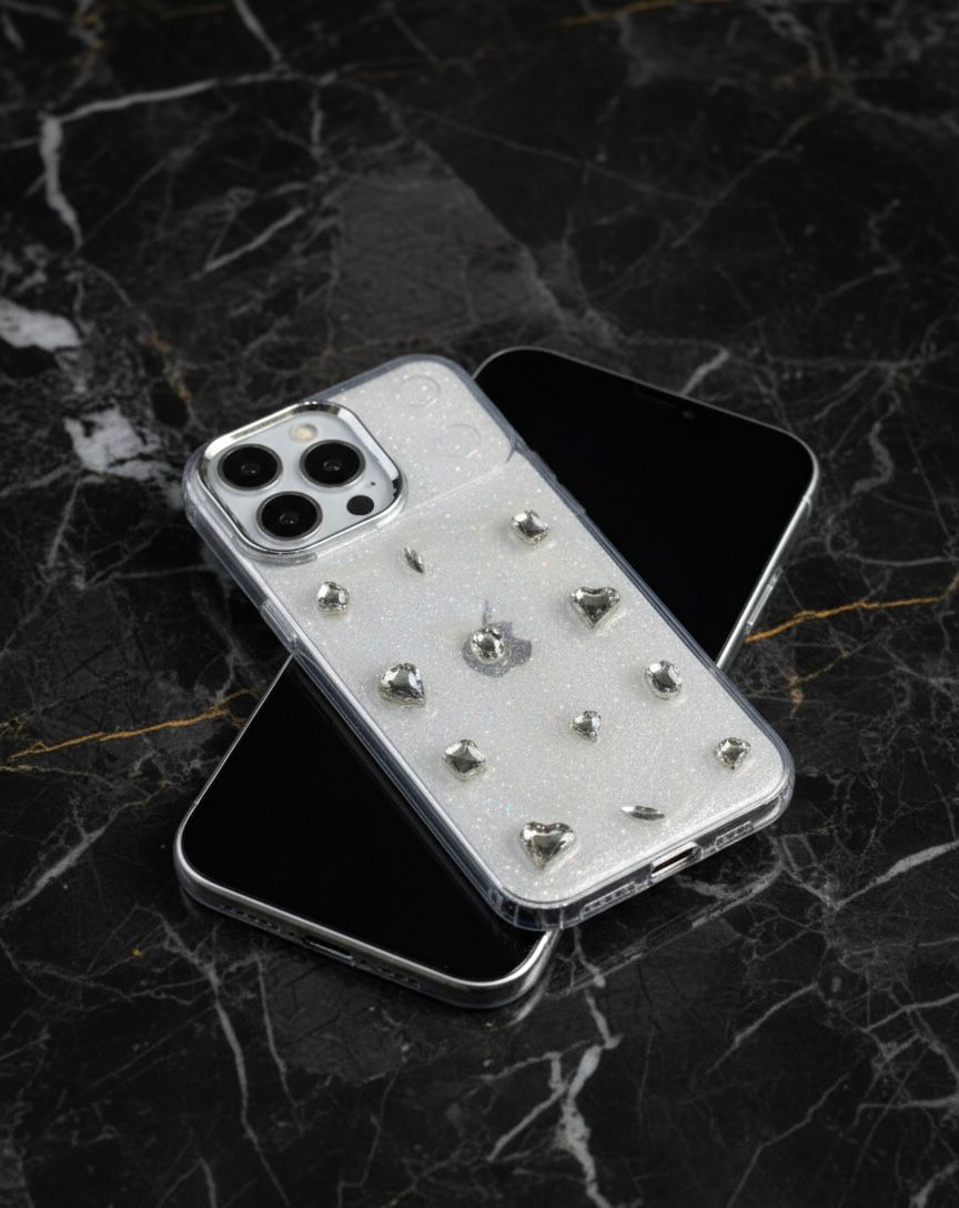 Silver Heart Studded Glitter iPhone Case – Shimmer Series