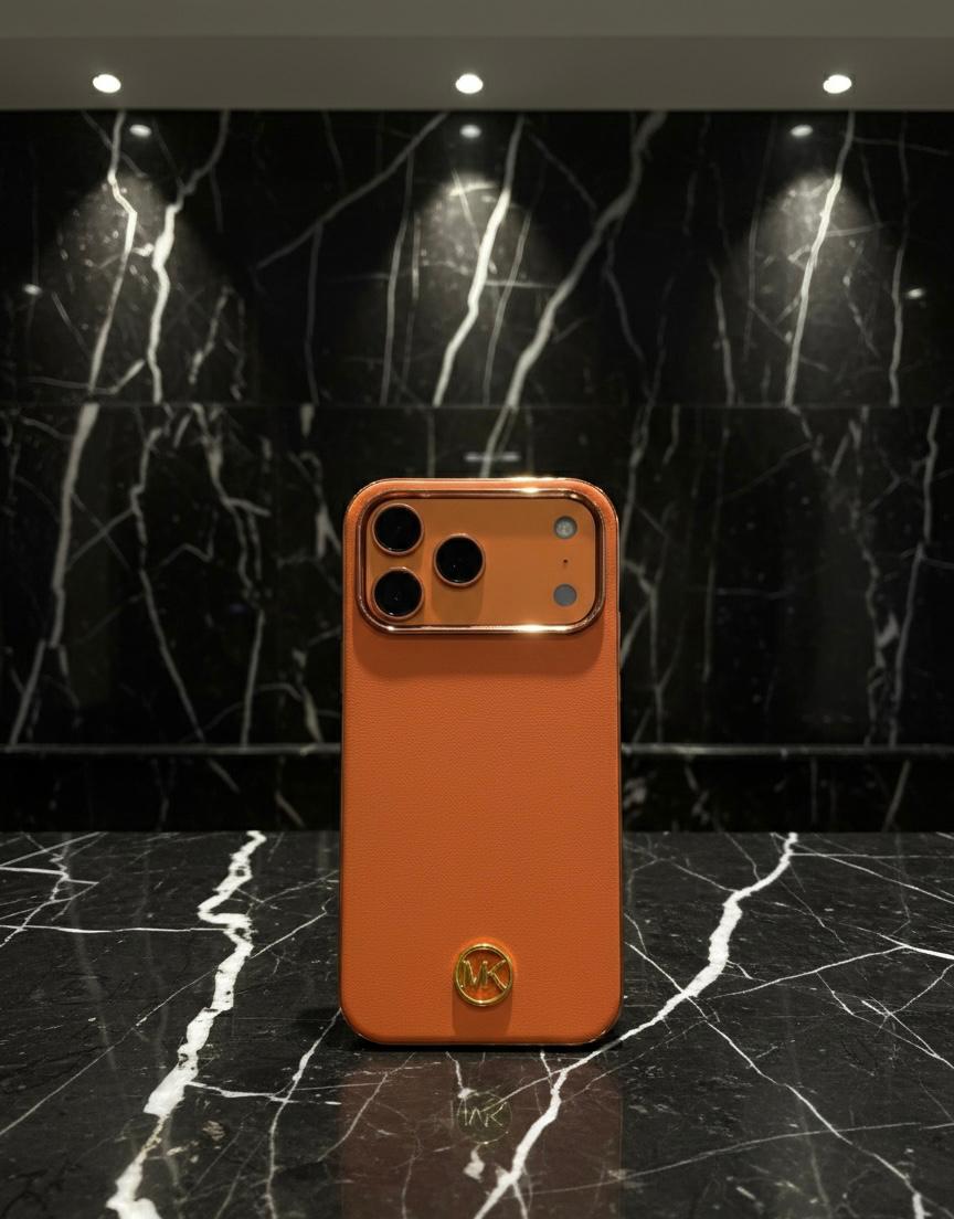 Original MK Luxury Leather Finish Case with Gold Logo & Camera Guard – Premium iPhone Cover
